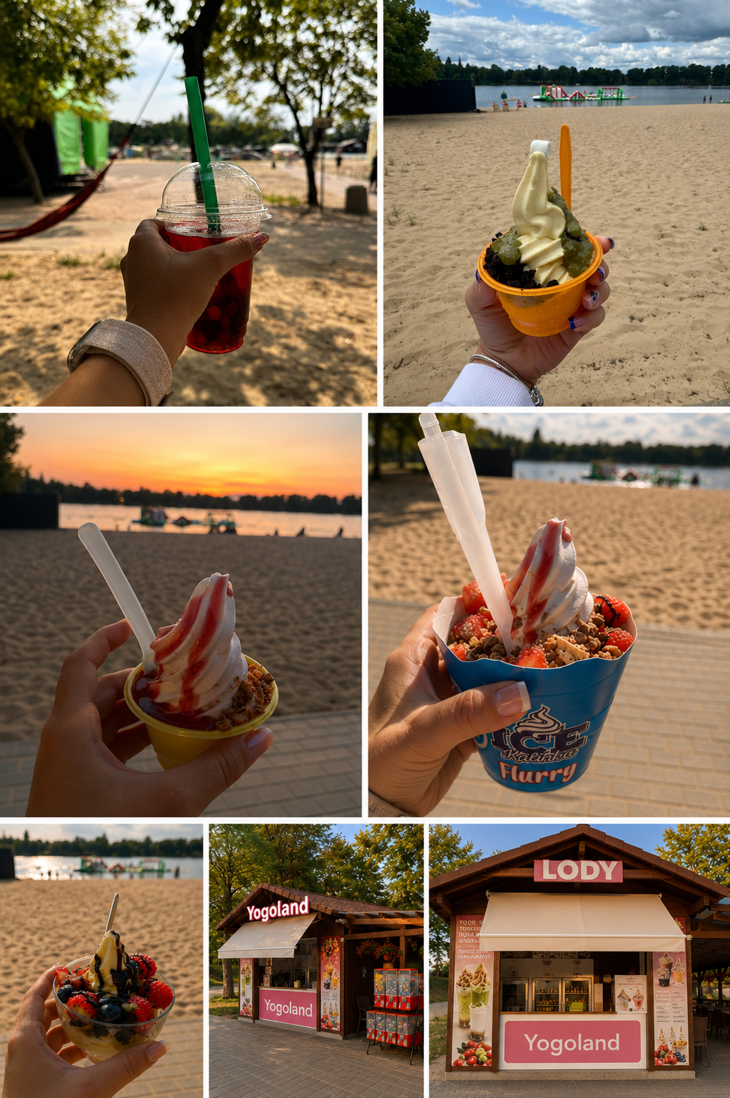Kolaż zdjęć YOGOLAND Ślesin — frozen yogurt, plaża i jezioro
